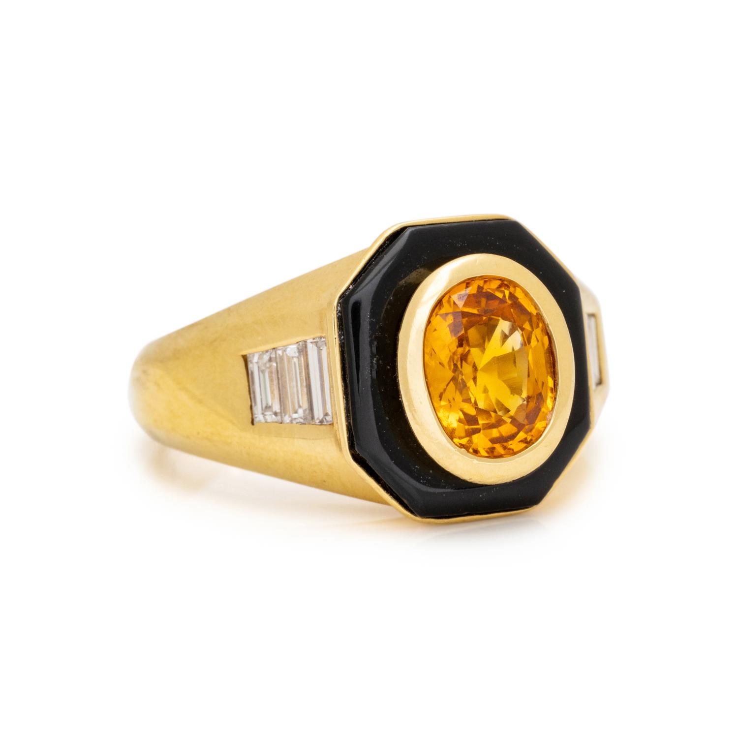 CRAIG DRAKE, YELLOW GOLD, ORANGE SAPPHIRE, ONYX, AND DIAMOND RING