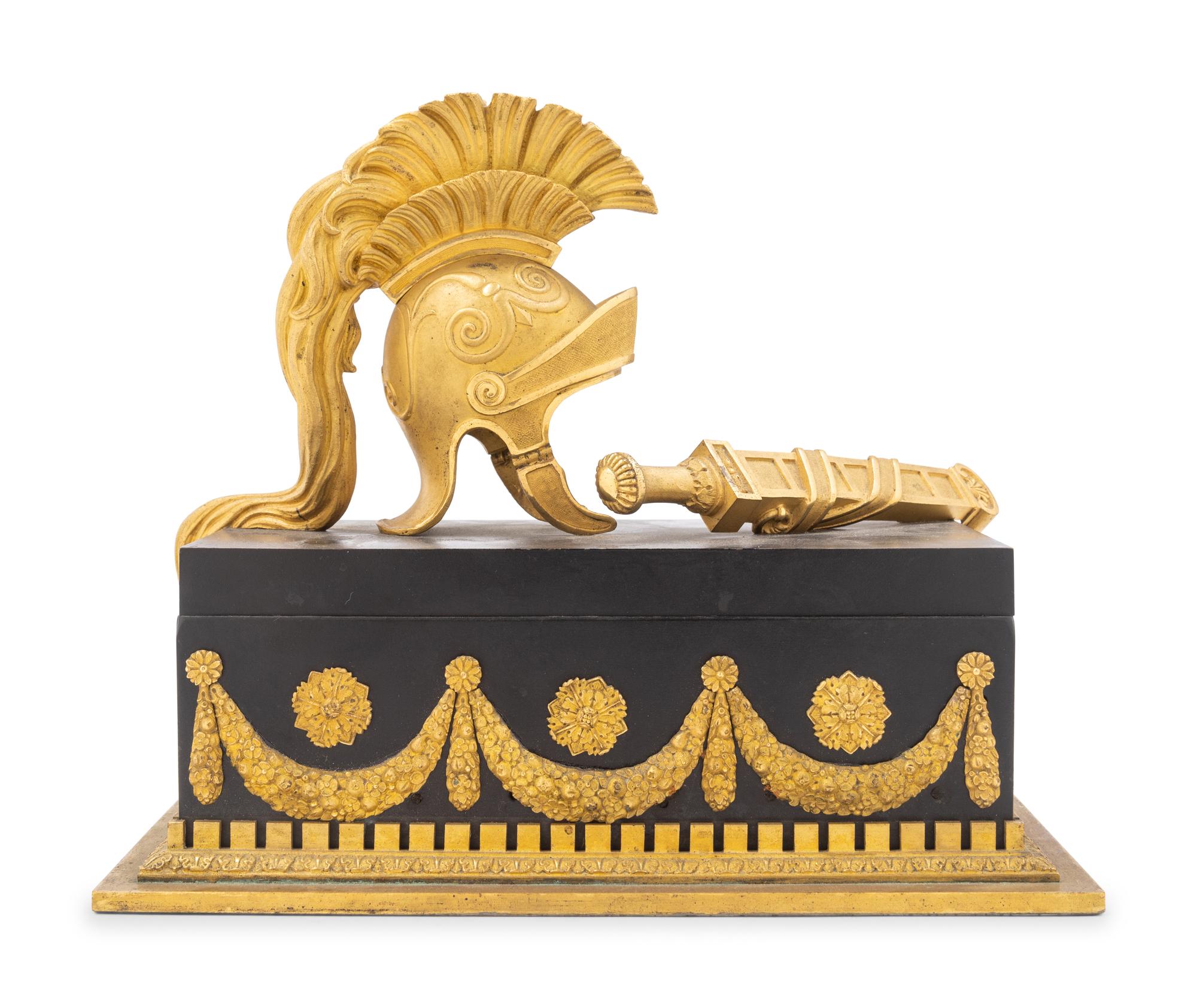 A French Neoclassical Gilt and Patinated Bronze Armor Trophy