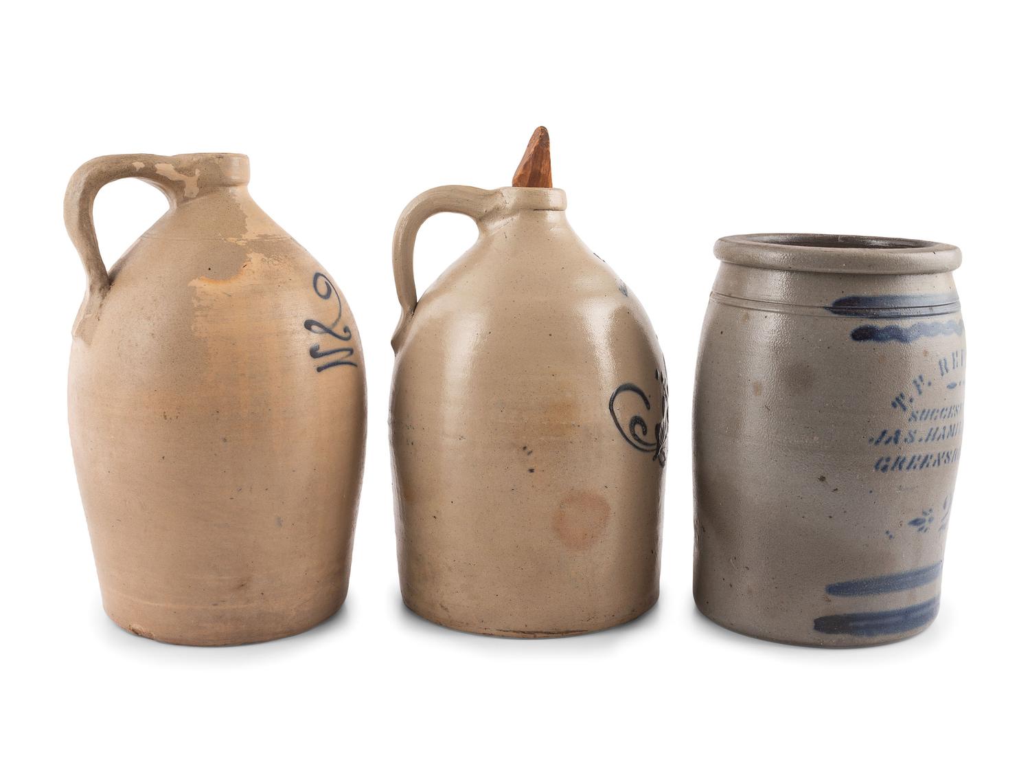 Three Cobalt-Decorated Stoneware Vessels