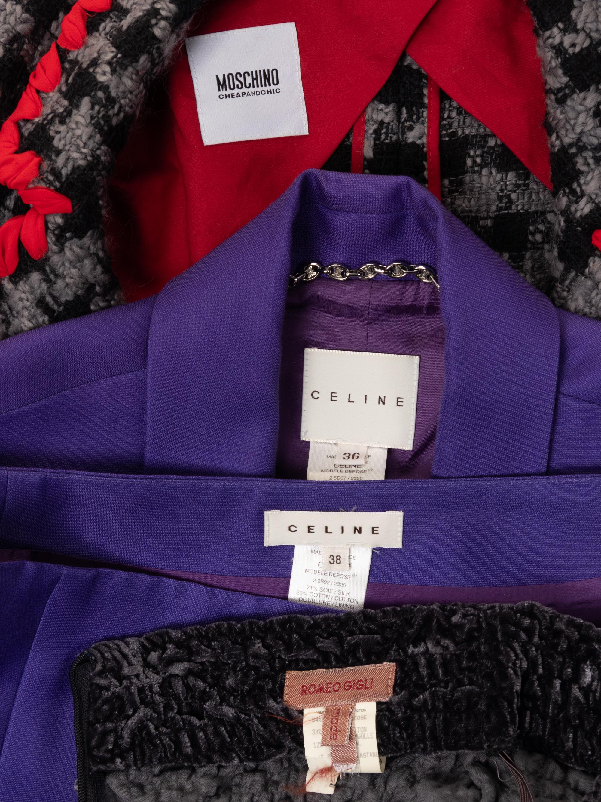Five Designer Pieces: One Romeo Gigli Skirt Suit, One Celine Skirt Suit, and One Moschino Jacket, 1990-2010s
