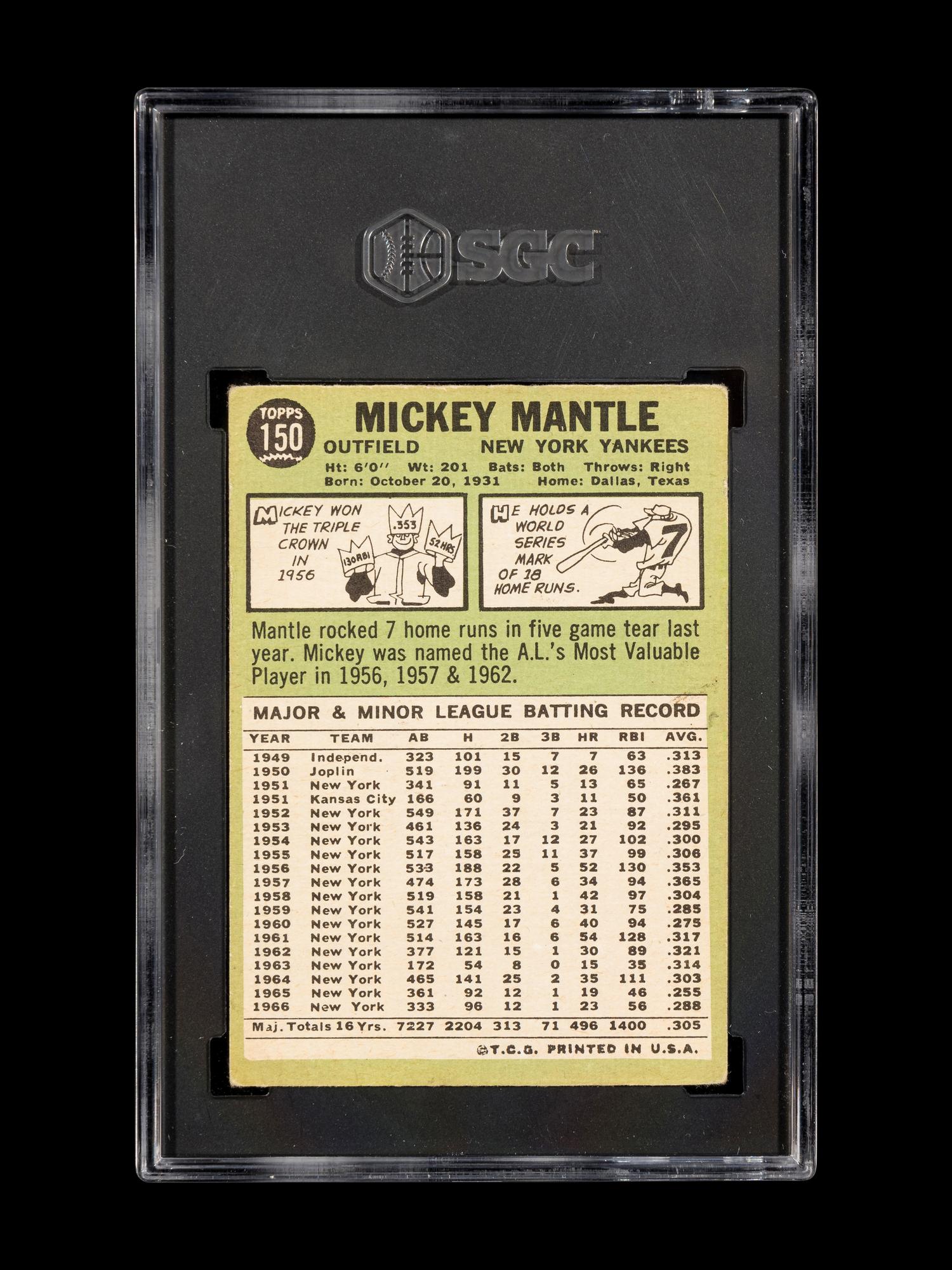 A 1967 Topps Mickey Mantle Baseball Card No. 150 (SGC 3.5 VG+)