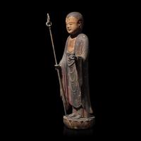 A Japanese Lacquered and Painted Wood Figure of Jizo Bosatsu, Edo Period or Earlier — 日本江戶或更早 木雕羅漢像