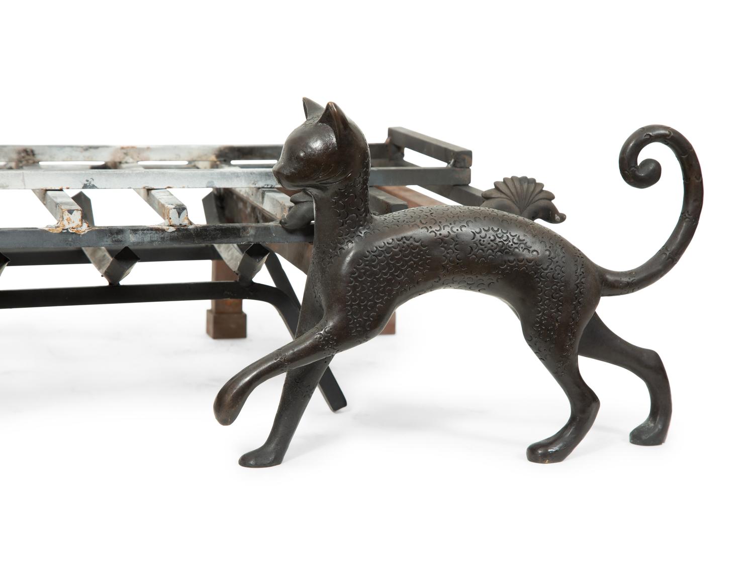 A Pair of Iron Cat Andirons after Armand Albert Rateau, by Atelier Moderne