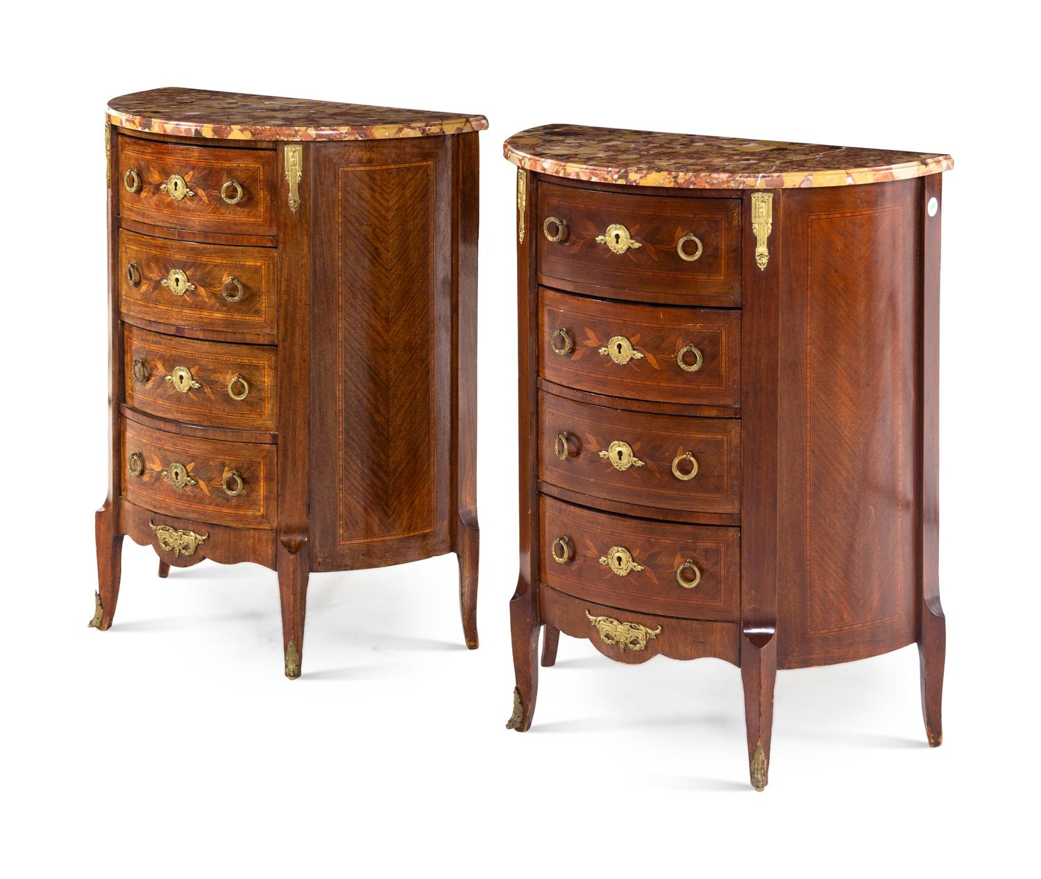 A Pair of Louis XV/XVI Transitional Style Marquetry Marble-Top Side Cabinets