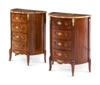 A Pair of Louis XV/XVI Transitional Style Marquetry Marble-Top Side Cabinets