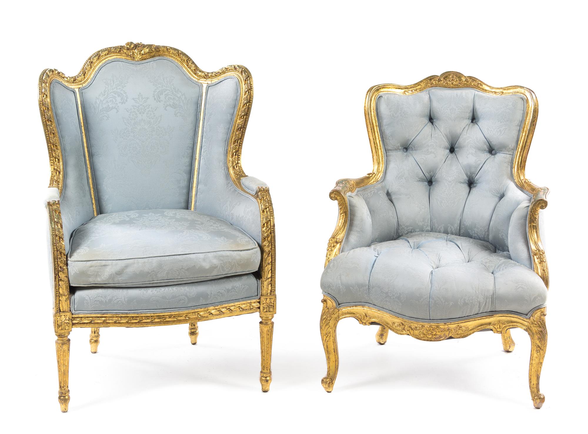 Two Louis XVI Style Giltwood Bergeres Height 40 inches. — 20TH CENTURY