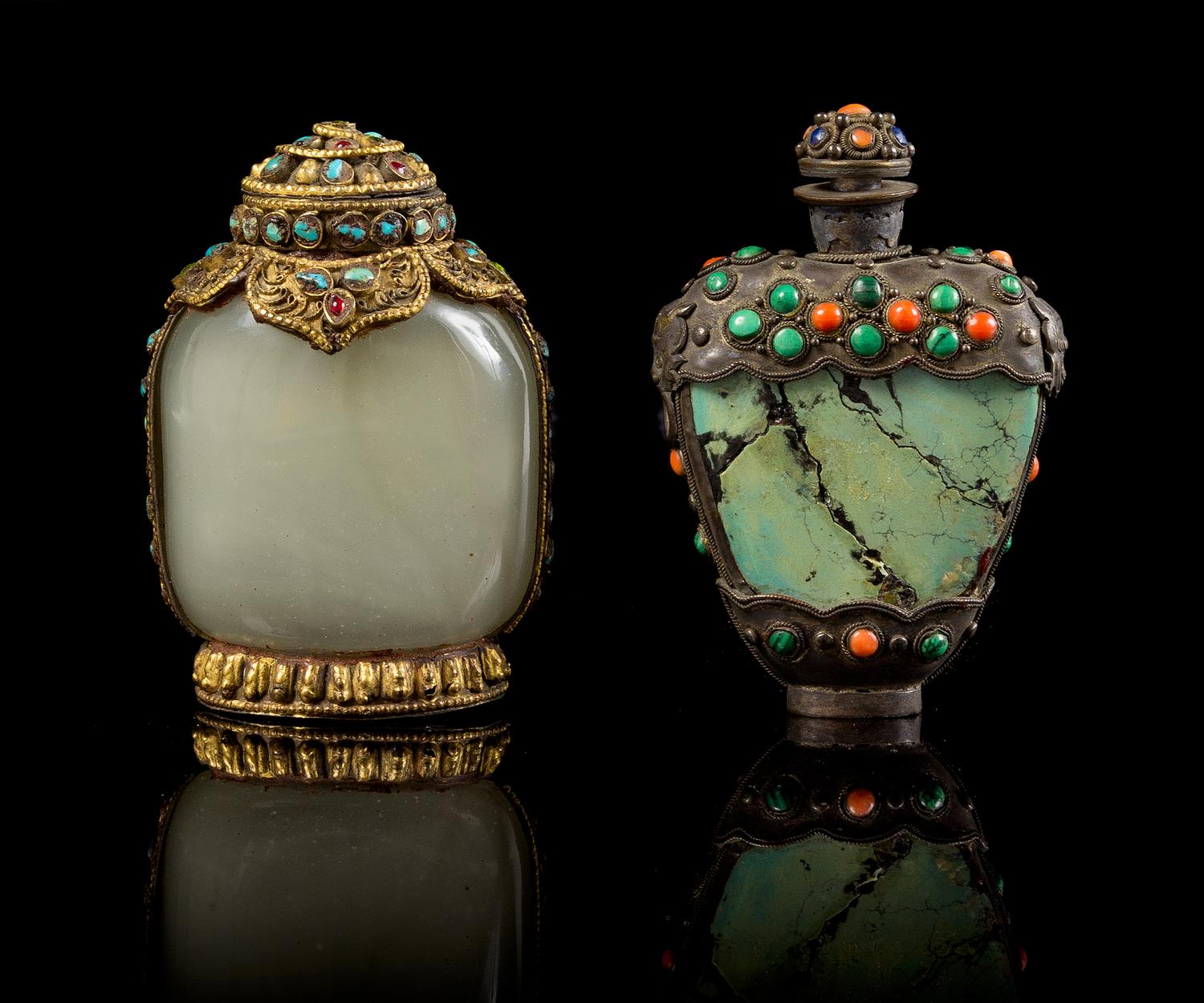 Two Mongolian Metal Snuff Bottles Height of first 3 3/8 inches.