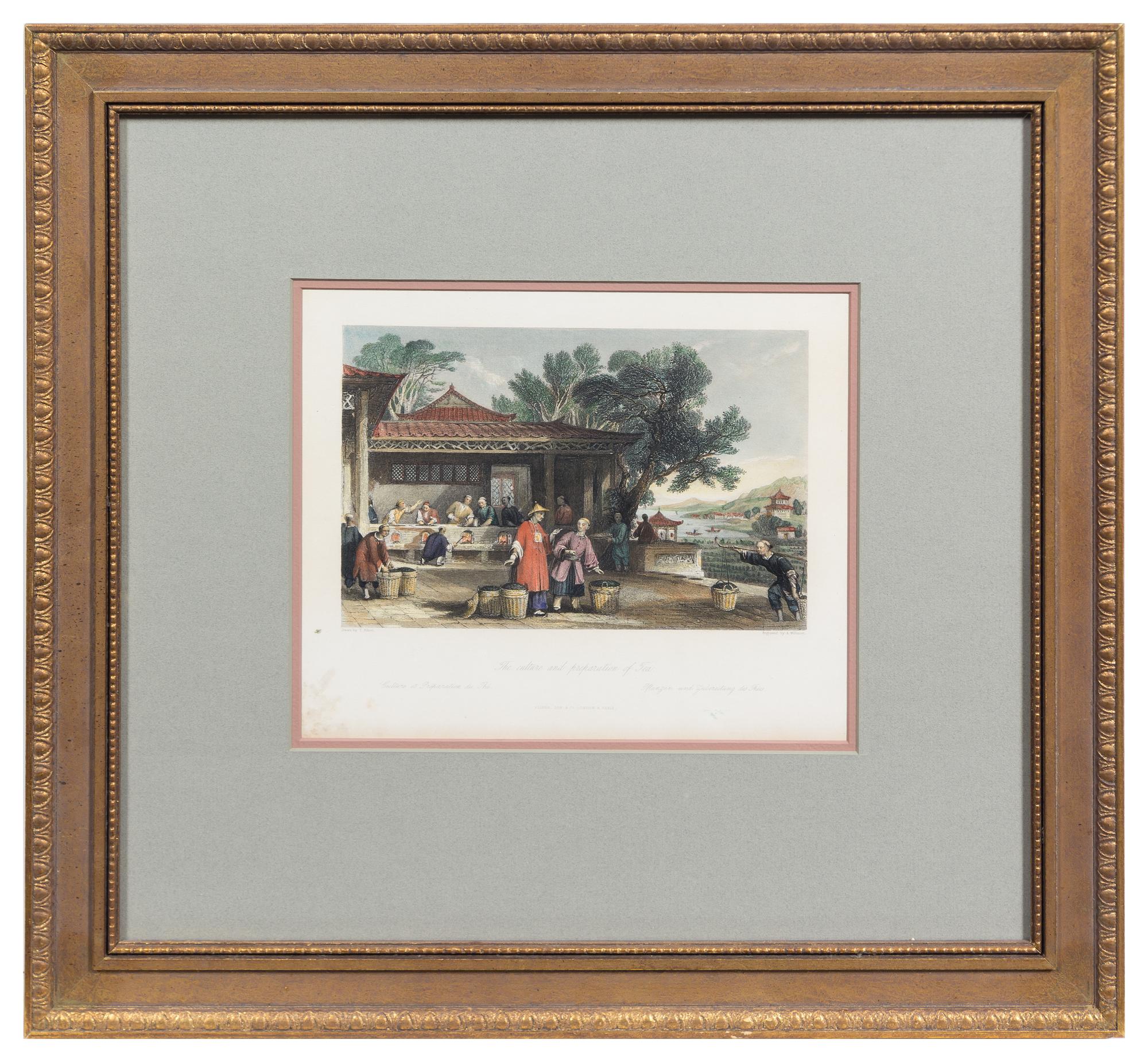 A Group of Four Engravings with Hand Coloring Each 7 1/4 x 8 7/8 inches (visible).