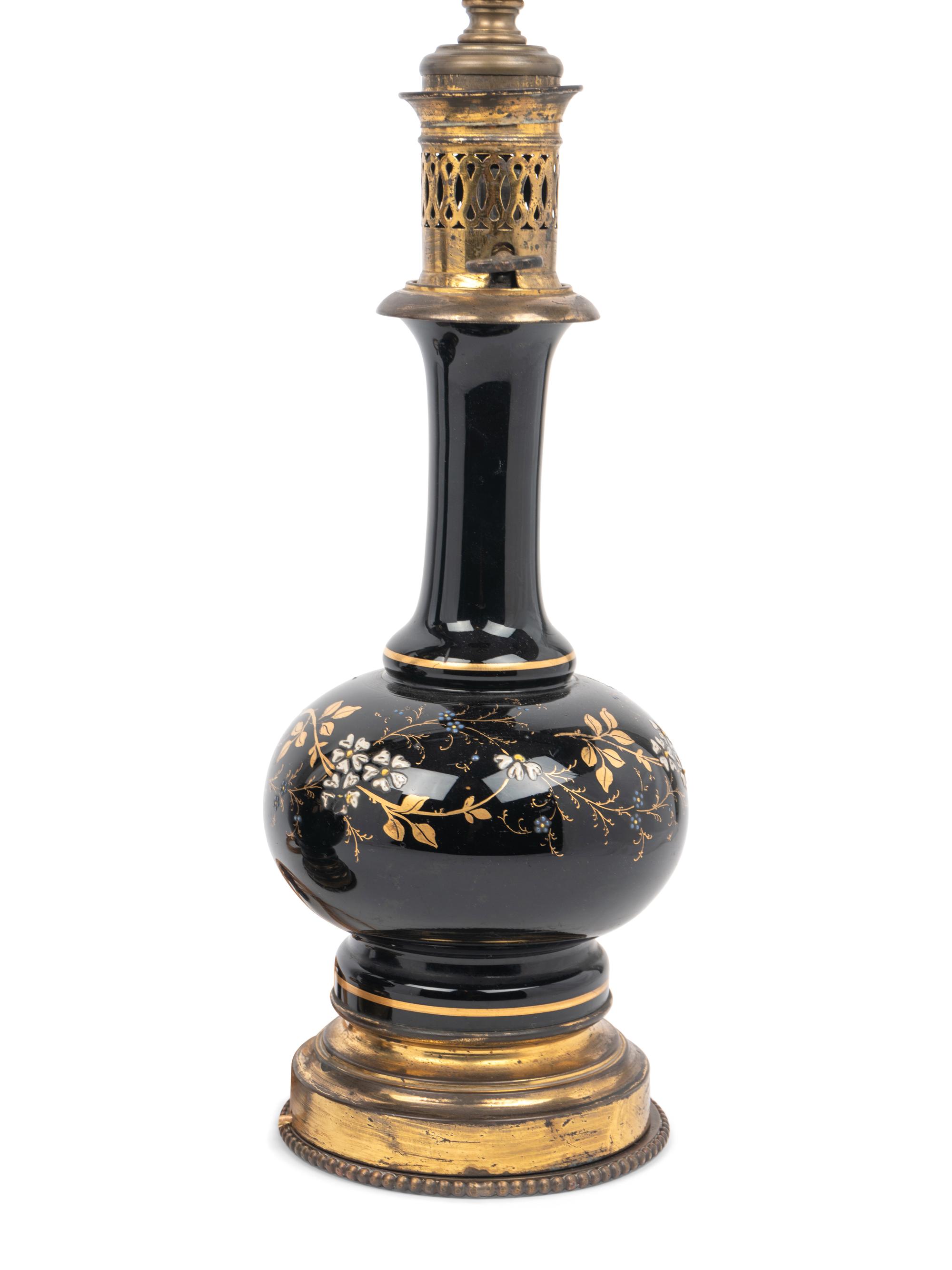 A Pair of French Enameled Glass Fluid Lamps Converted to Electricity