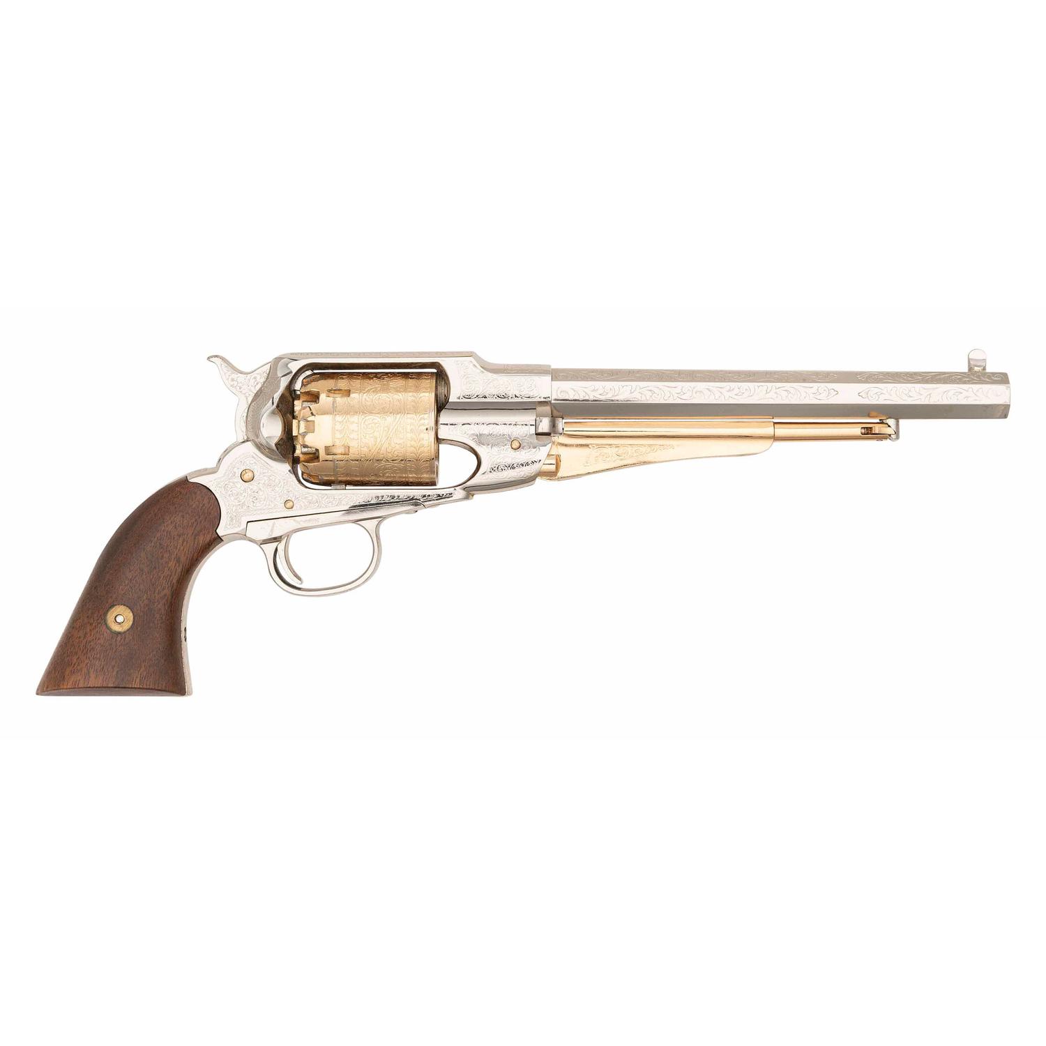 Cased Engraved & Plated Reproduction Remington New Model Army Percussion Revolver by Armi San Marco with Accessories