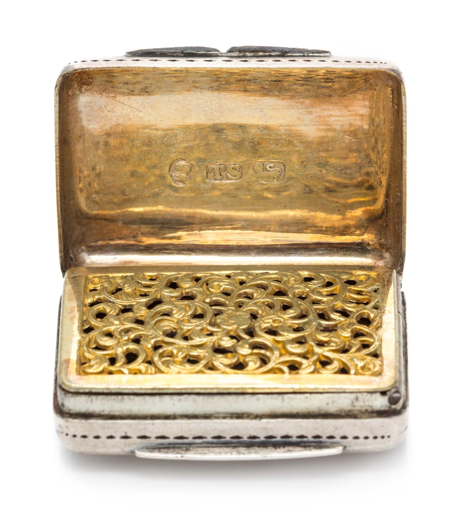 A William IV Silver Vinaigrette, Thomas Shaw, Birmingham, 1832, the lid with wrigglework decoration, centered by a monogrammed cartouch