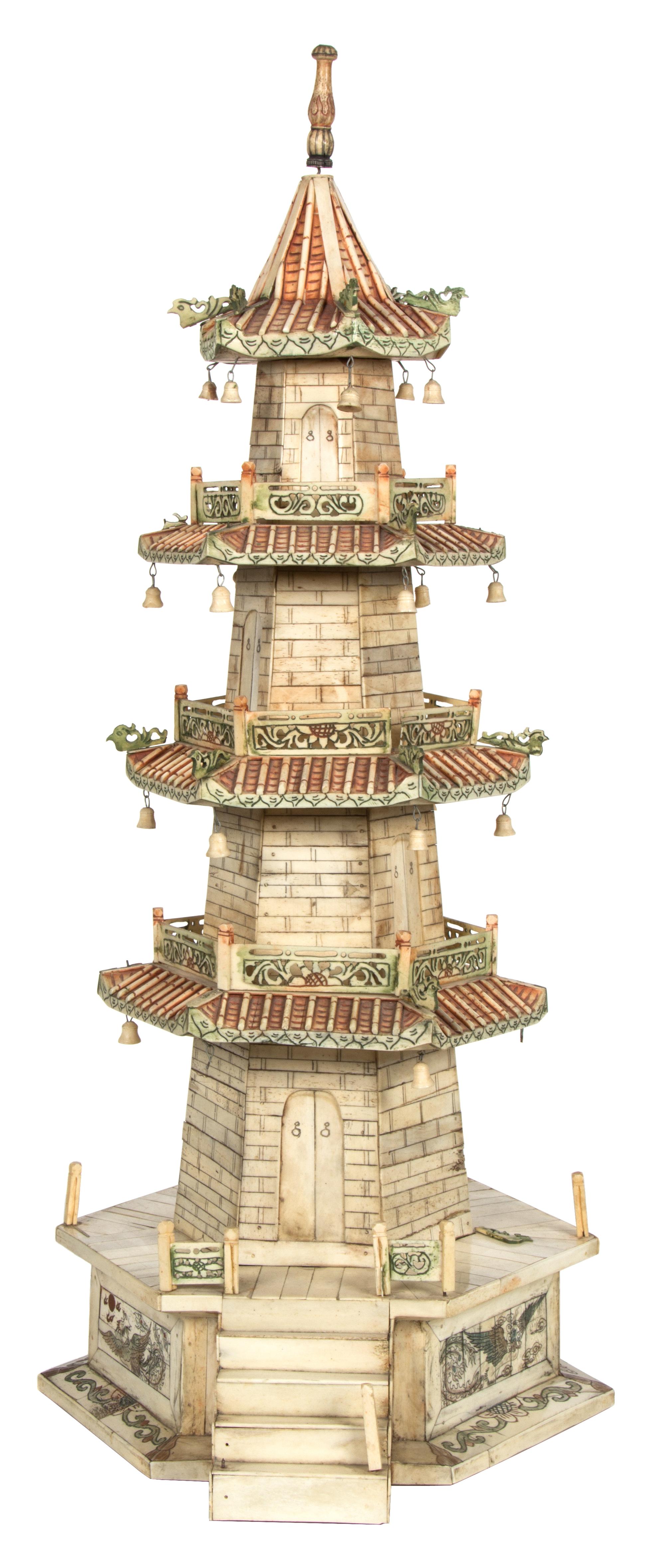 A Chinese Carved and Stained Bone Pagoda Height 28 1/2 inches. — 19TH CENTURY