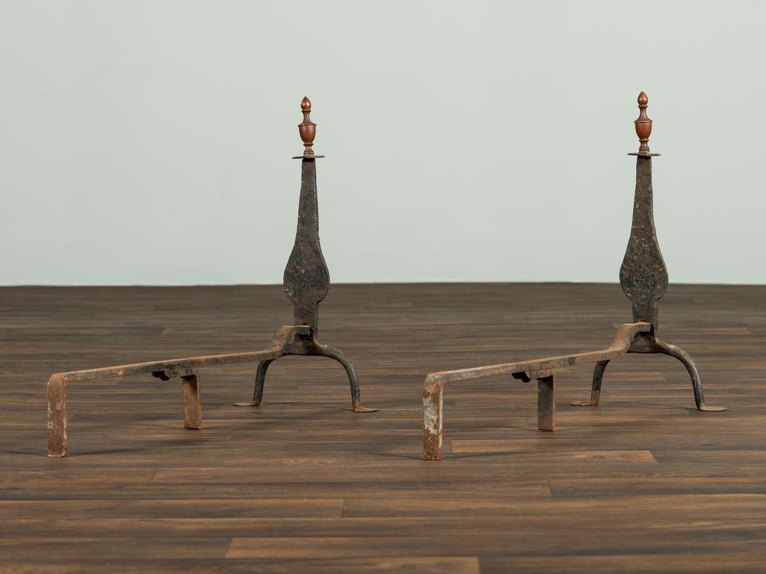 A Pair of Federal Brass and Wrought-Iron Knifeblade Andirons