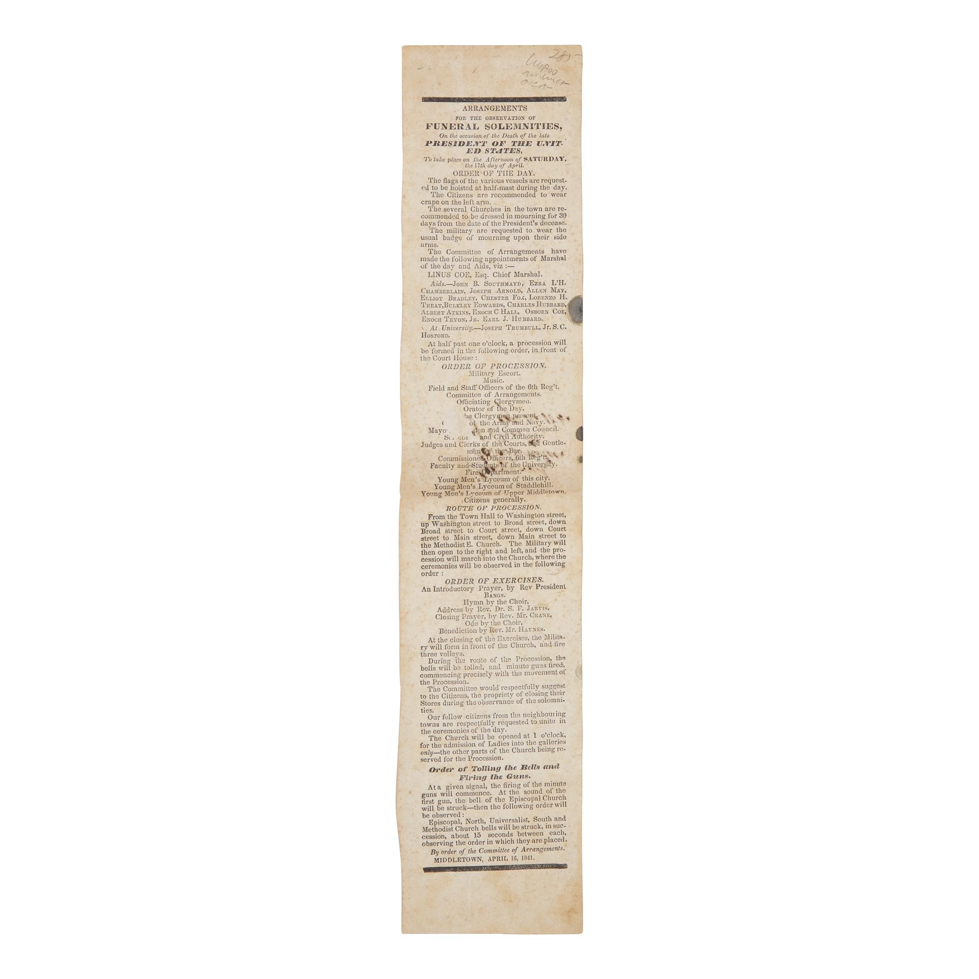 [Harrison, William Henry] Handbill for the Funeral Service for the First President to Die in Office, April 16, 1841