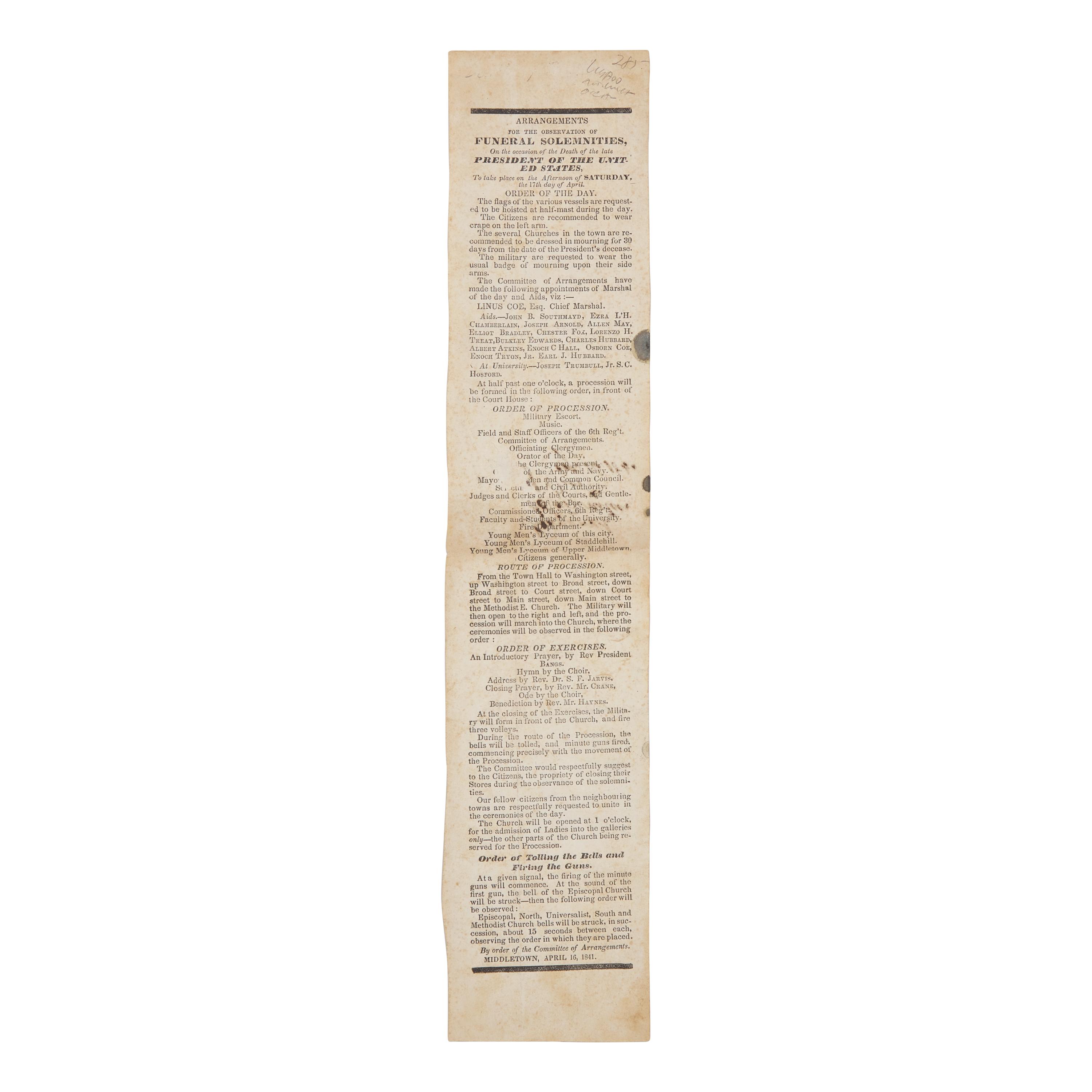 [Harrison, William Henry] Handbill for the Funeral Service for the First President to Die in Office, April 16, 1841