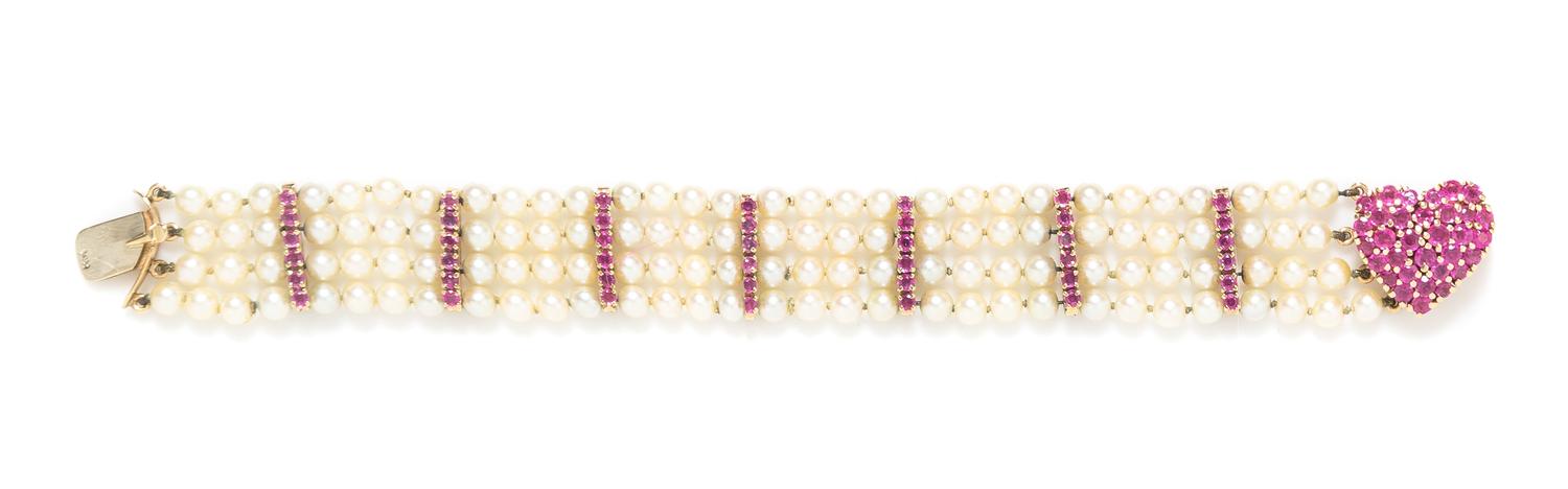 A 14 Karat Yellow Gold, Cultured Pearl and Ruby Bracelet, Tiffany & Co., 15.20 dwts.