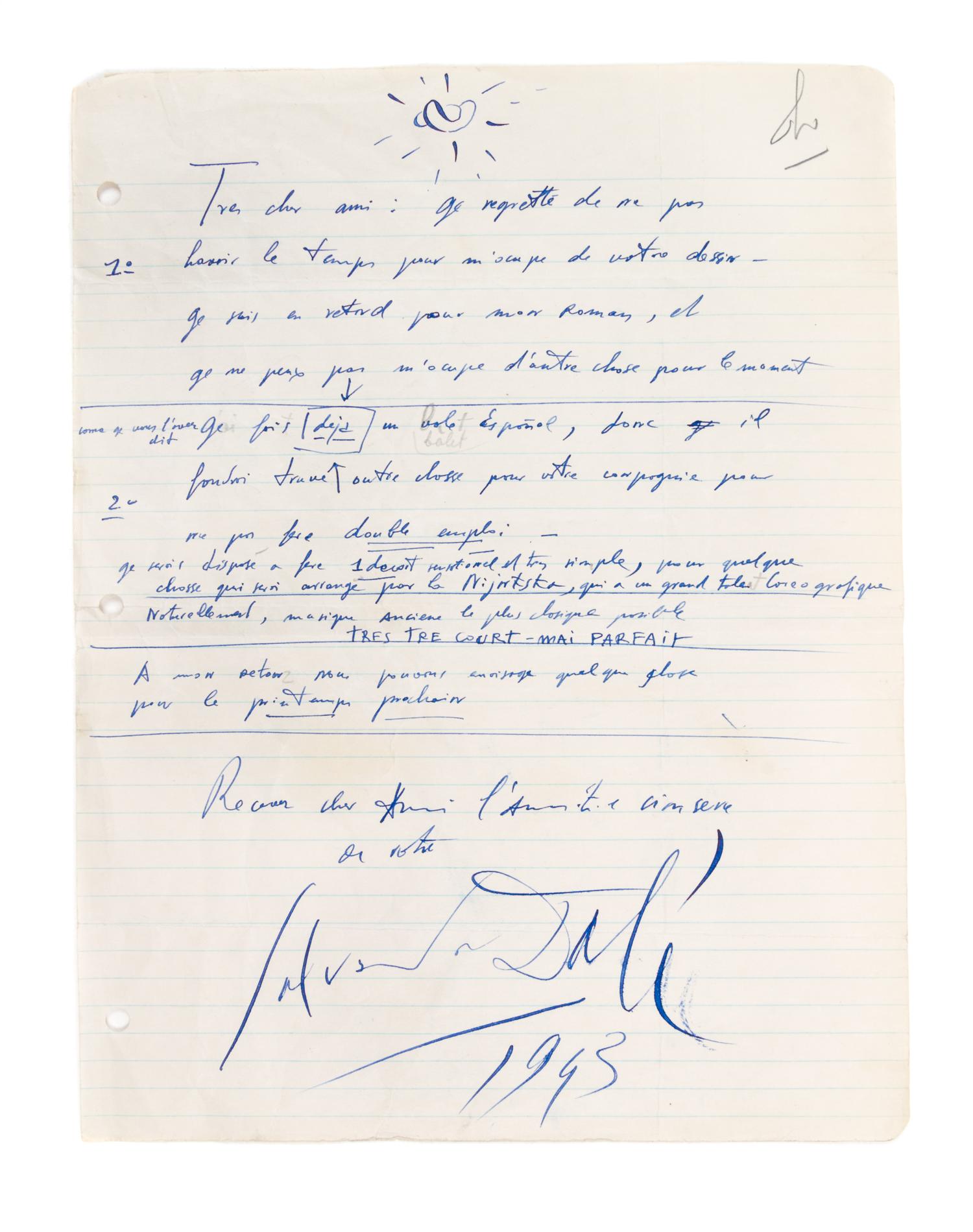 DALI, SALVADOR. Autographed letter signed. Dated 1943.