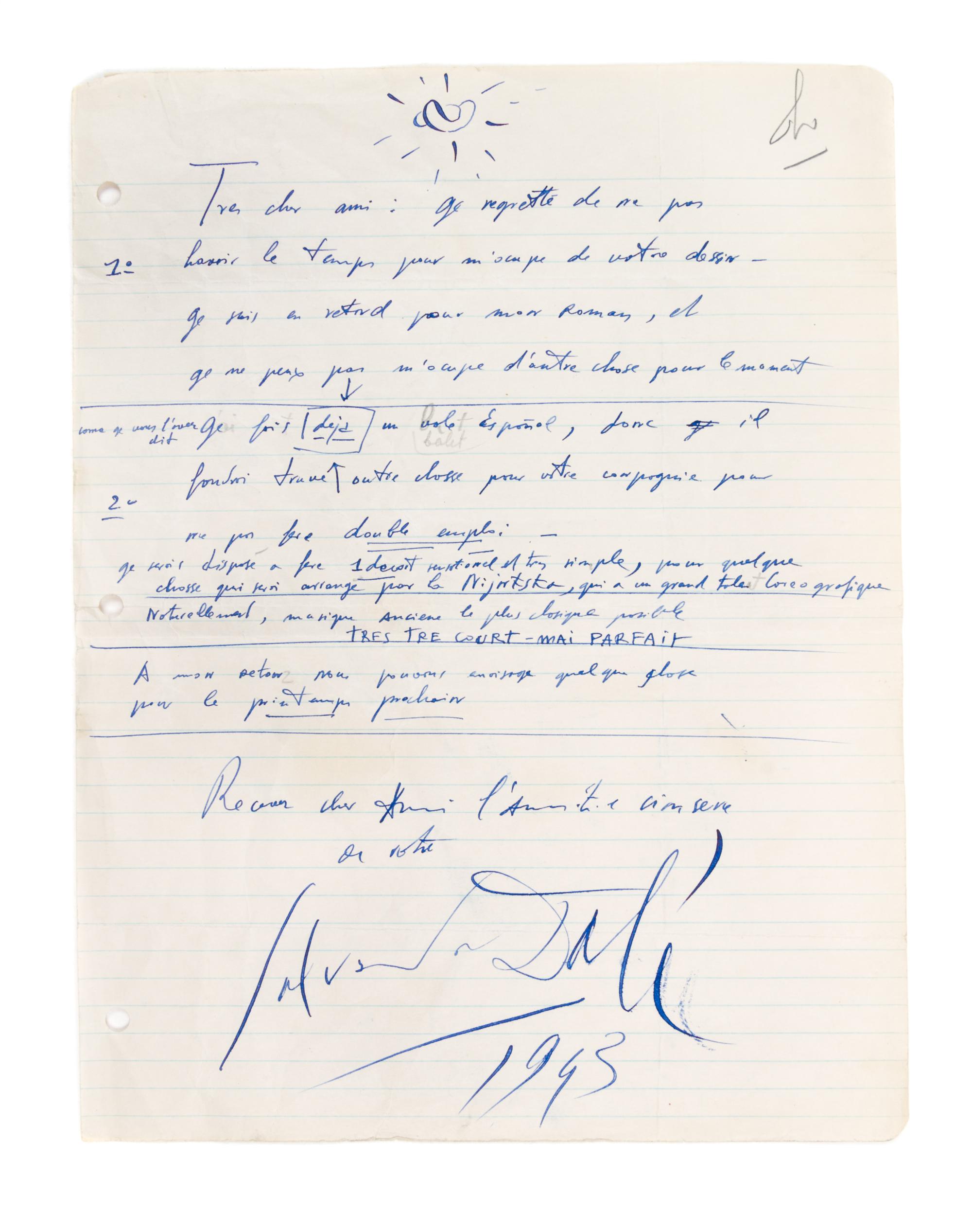 DALI, SALVADOR. Autographed letter signed. Dated 1943.