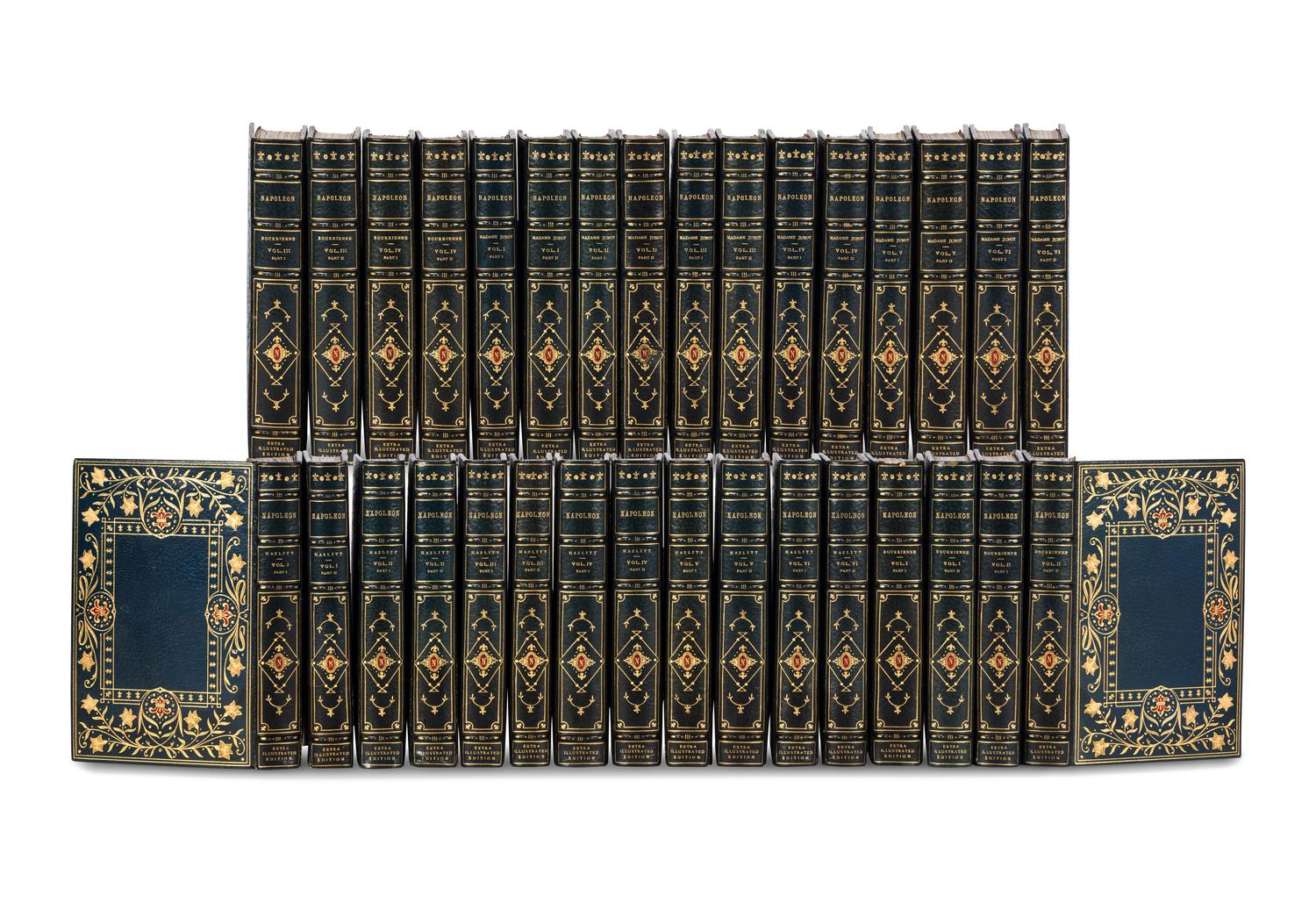 [BINDINGS] -- [BONAPARTE, Napoleon (1769-1821)]. [The Napoleon Series]. HAZLITT, William. Life of Napoleon Bonaparte . 12 volumes. -- BOURRIENNE, Louis Antoine Fauvelet de (1769-1834). Life of Napoleon Bonaparte . 8 volumes. -- JUNOT, Laure, Duchesse D'Abrantes (1784-1838). Memoirs of Madame Junot . 12 volumes. London: H.S. Nicols Co., n.d.