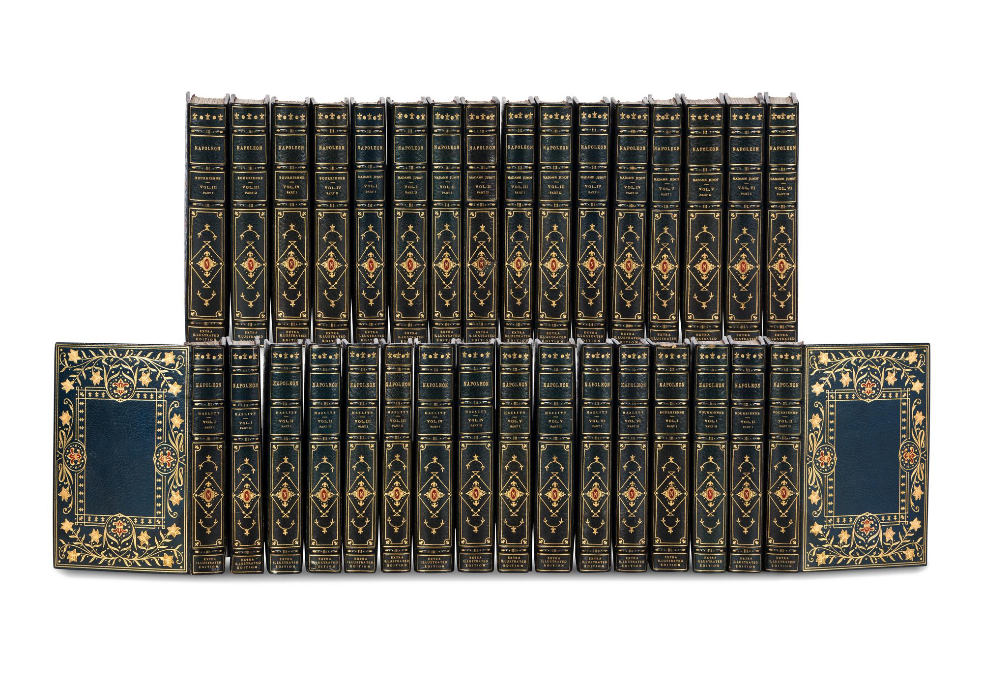 [BINDINGS] -- [BONAPARTE, Napoleon (1769-1821)]. [The Napoleon Series]. HAZLITT, William. Life of Napoleon Bonaparte . 12 volumes. -- BOURRIENNE, Louis Antoine Fauvelet de (1769-1834). Life of Napoleon Bonaparte . 8 volumes. -- JUNOT, Laure, Duchesse D'Abrantes (1784-1838). Memoirs of Madame Junot . 12 volumes. London: H.S. Nicols Co., n.d.