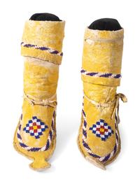 Apache Child's Beaded Boot Moccasins, with Yellow Ochre