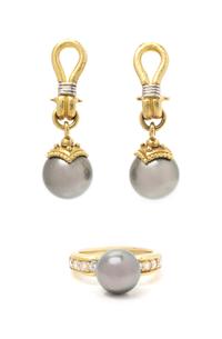 A Collection of Yellow Gold, Cultured Tahitian Pearl and Diamond Jewelry, 11.80 dwts.