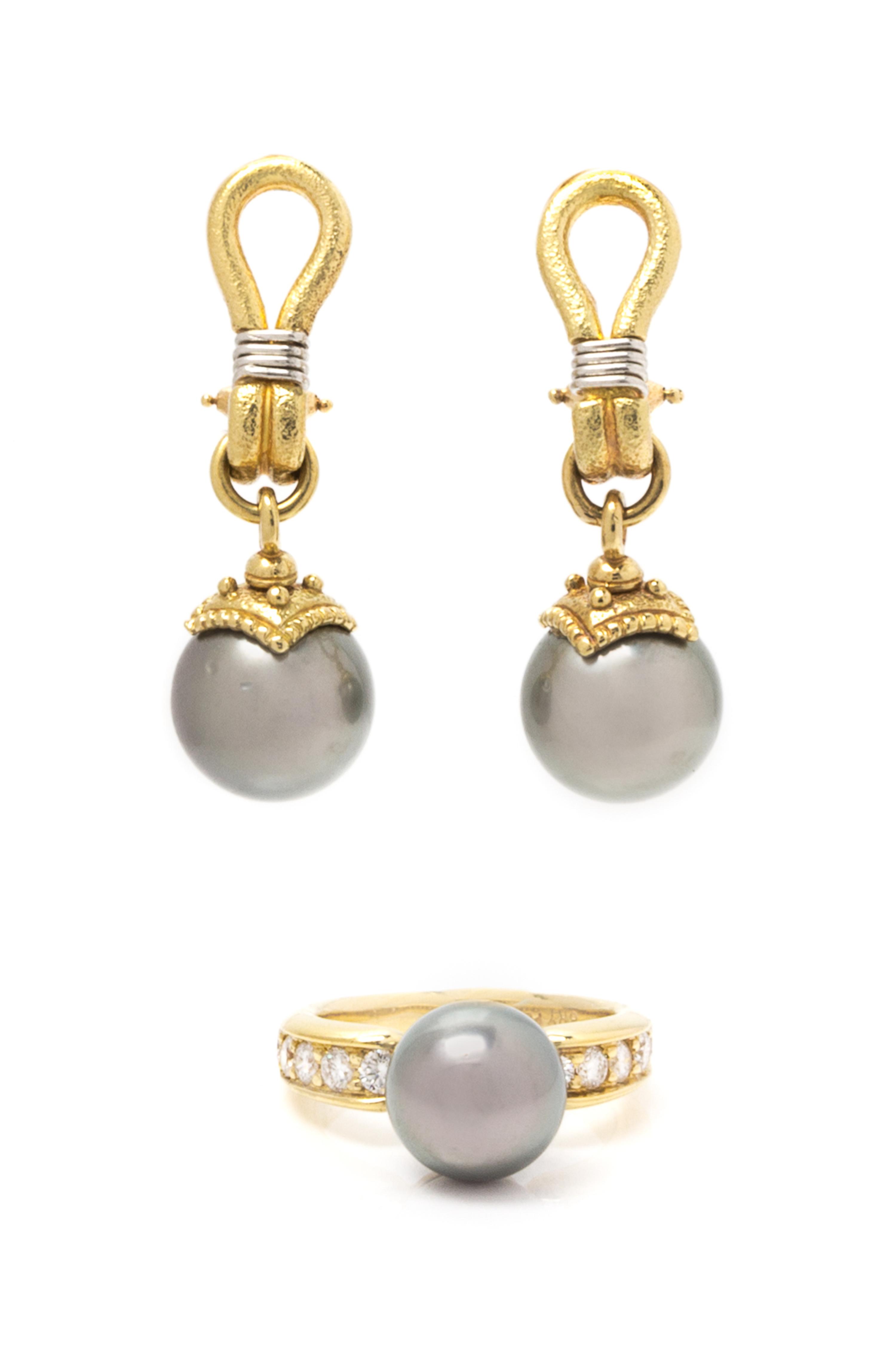 A Collection of Yellow Gold, Cultured Tahitian Pearl and Diamond Jewelry, 11.80 dwts.