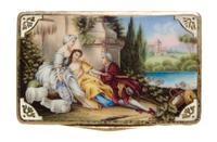 An Austrian Enameled Silver-Gilt Box, 19th/20th Century, of rectangular form, the hinged lid decorated with figures and sheep in a land