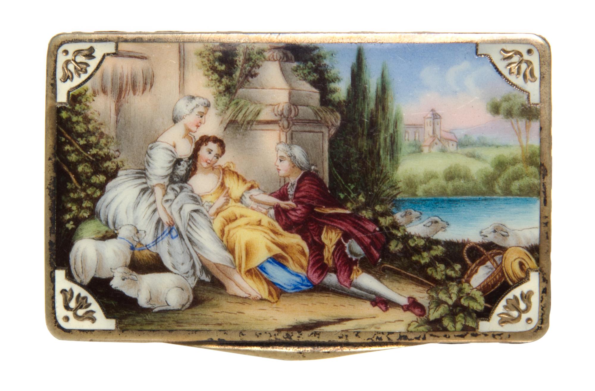An Austrian Enameled Silver-Gilt Box, 19th/20th Century, of rectangular form, the hinged lid decorated with figures and sheep in a land