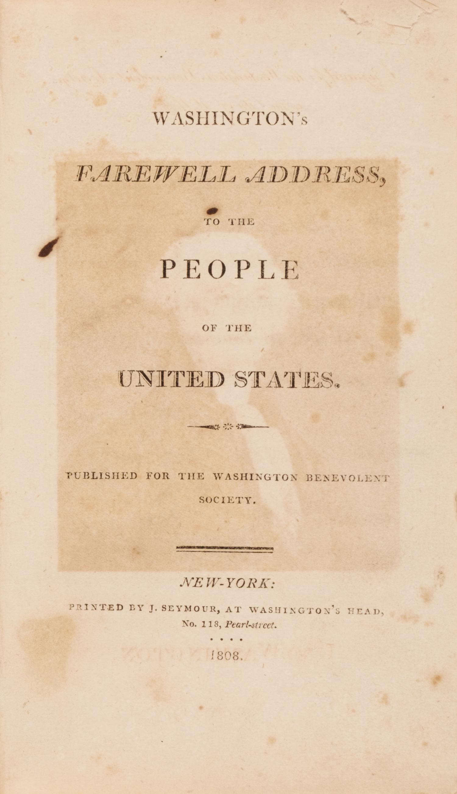 [Americana] Washington, George. Washington's Farewell Address, to the People of the United States. Published for the Washington Benevolent Society