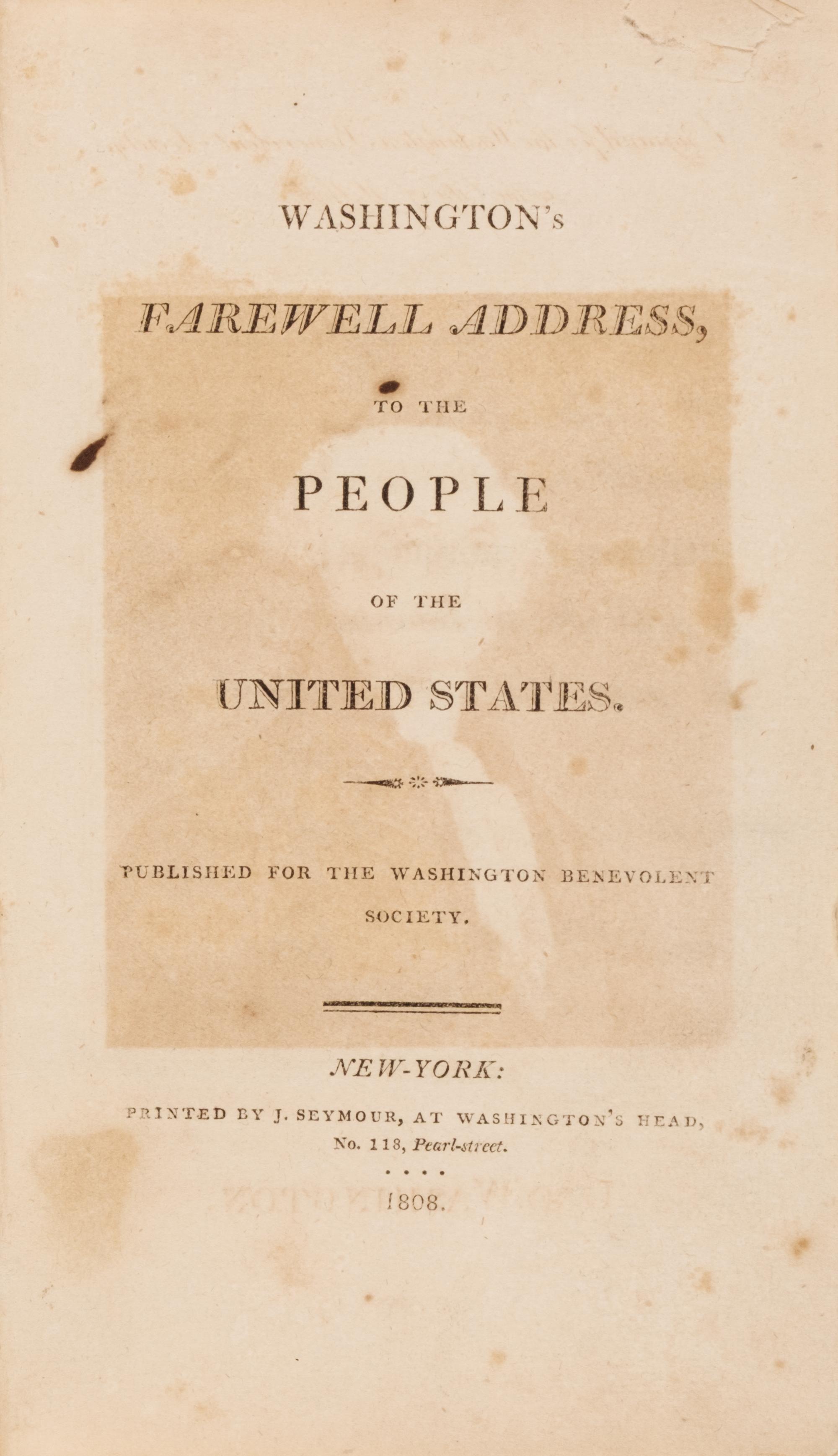 [Americana] Washington, George. Washington's Farewell Address, to the People of the United States. Published for the Washington Benevolent Society