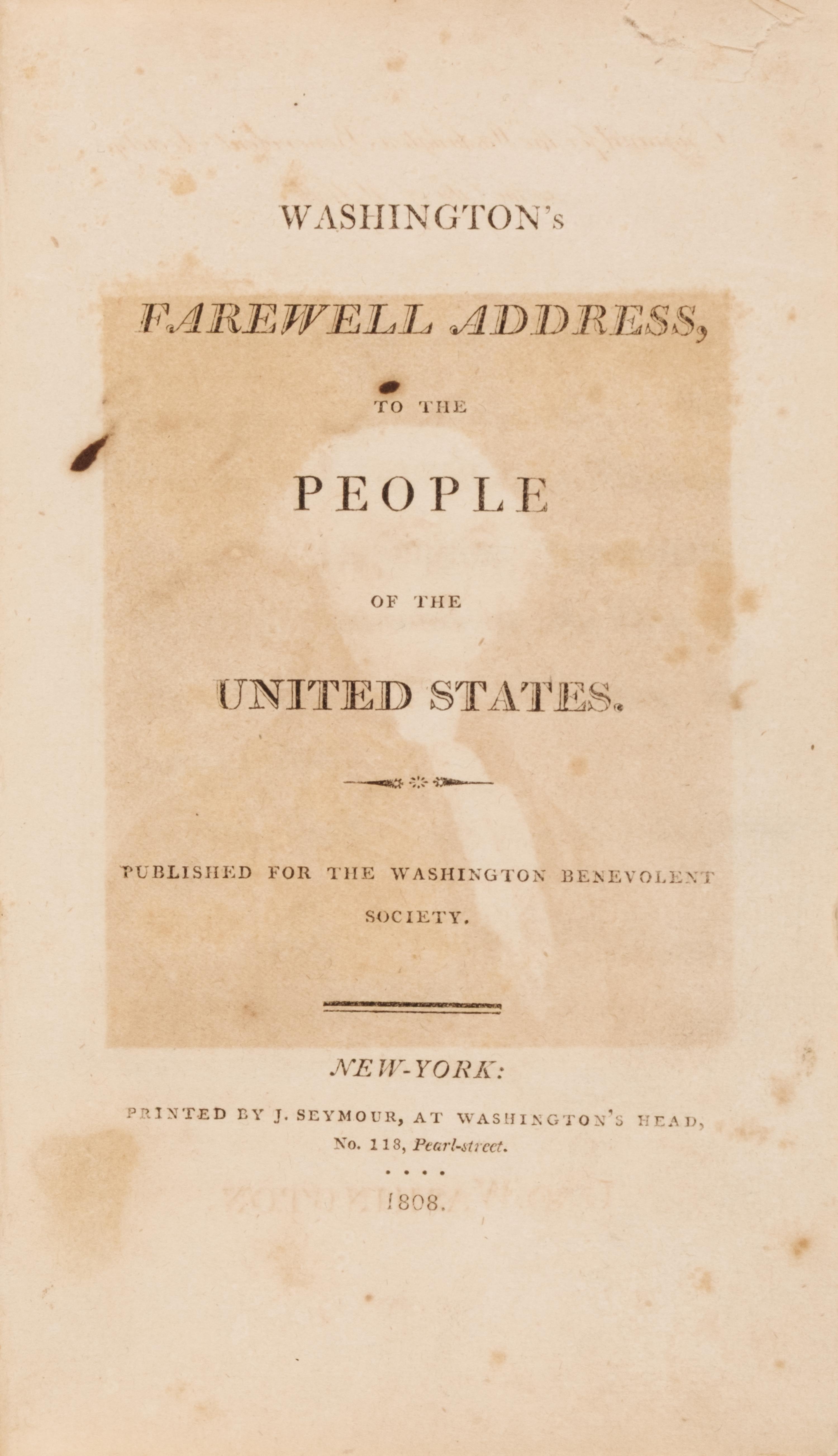 [Americana] Washington, George. Washington's Farewell Address, to the People of the United States. Published for the Washington Benevolent Society