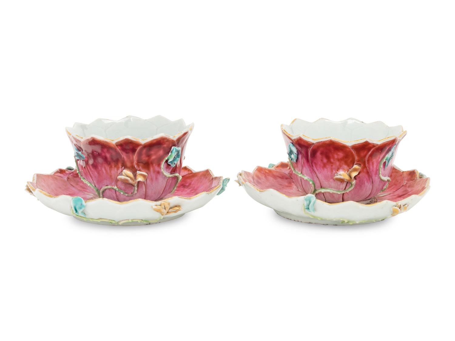A Pair of Chinese Export Famille Rose 'Lotus' Porcelain Tea Bowls and Saucers
