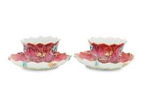 A Pair of Chinese Export Famille Rose 'Lotus' Porcelain Tea Bowls and Saucers