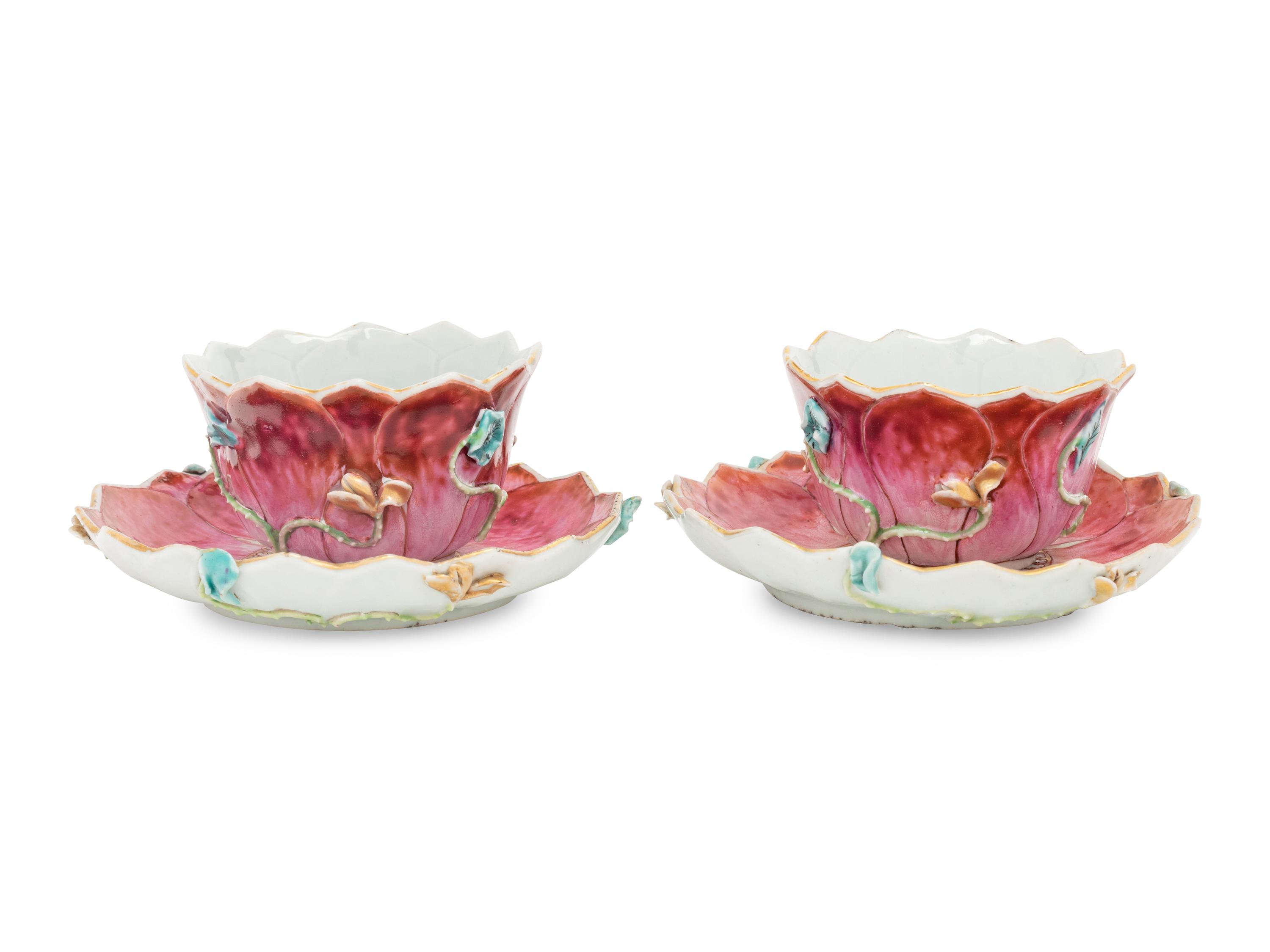 A Pair of Chinese Export Famille Rose 'Lotus' Porcelain Tea Bowls and Saucers