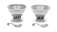 A Pair of Danish Silver Salts, Georg Jensen Silversmithy, Copenhagen, Circa 1940, model 180 with conforming salt spoons.