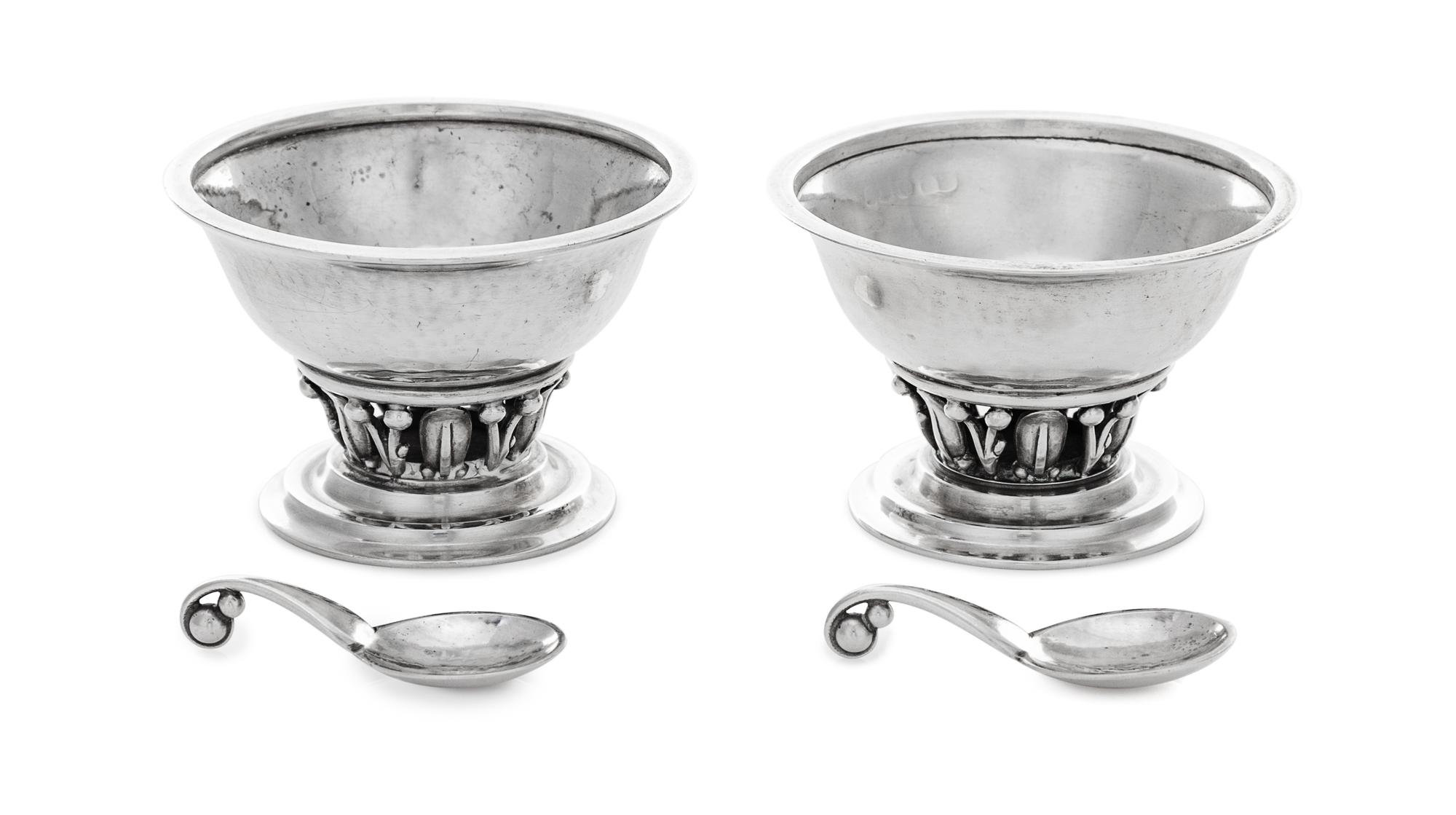 A Pair of Danish Silver Salts, Georg Jensen Silversmithy, Copenhagen, Circa 1940, model 180 with conforming salt spoons.