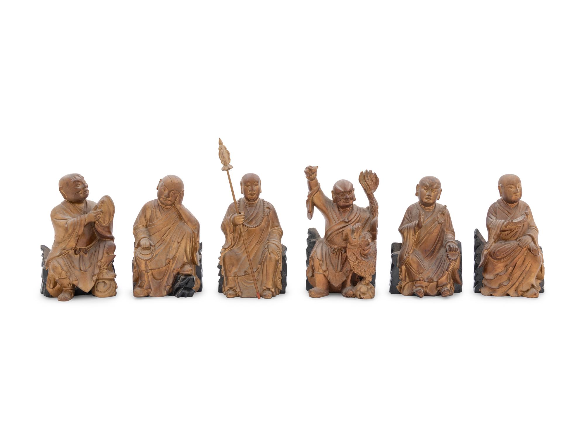 Eighteen Carved Wood and Gilts Figures of Luohans