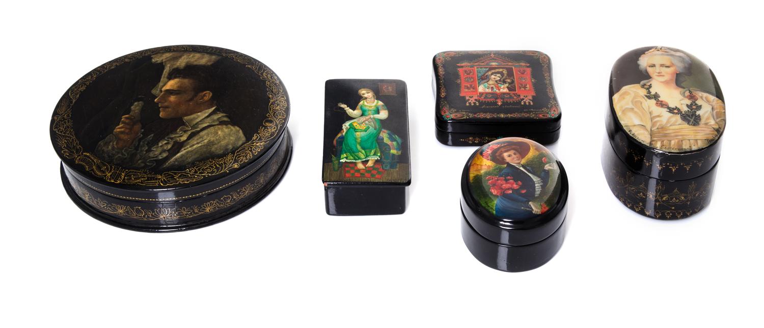 A Collection of Five Russian Lacquered Boxes, 20th Century, of various forms and sizes, each decorated with a portrait, four of ladies,