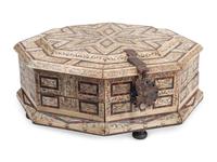 A Continental Iron-Mounted Bone and Tortoiseshell Inlaid Octagonal Box