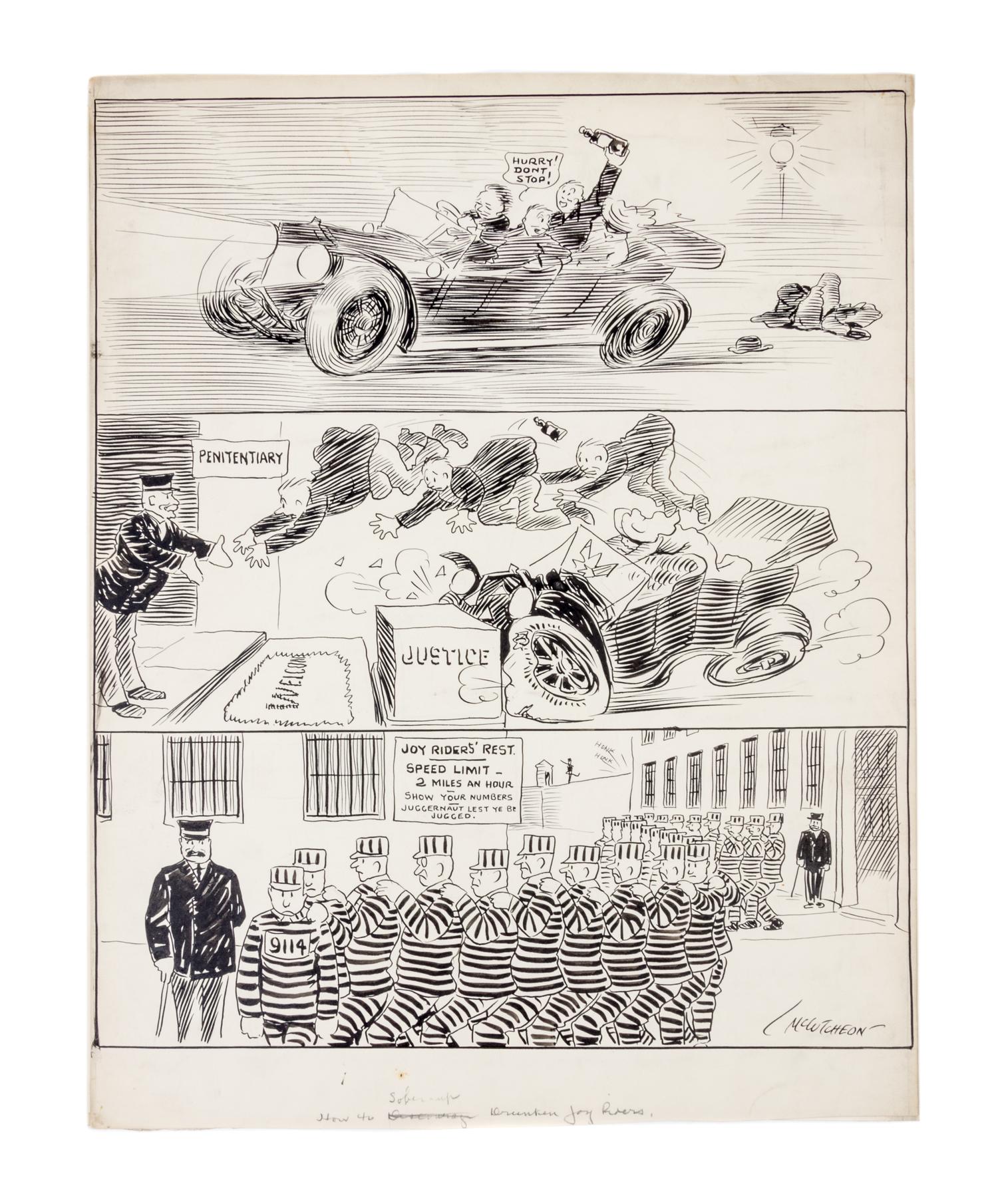 (CHICAGO) MCCUTCHEON, JOHN TINNEY. 6 original pen and ink illustrations for The Chicago Tribune re: crime, c. 1926-1931.