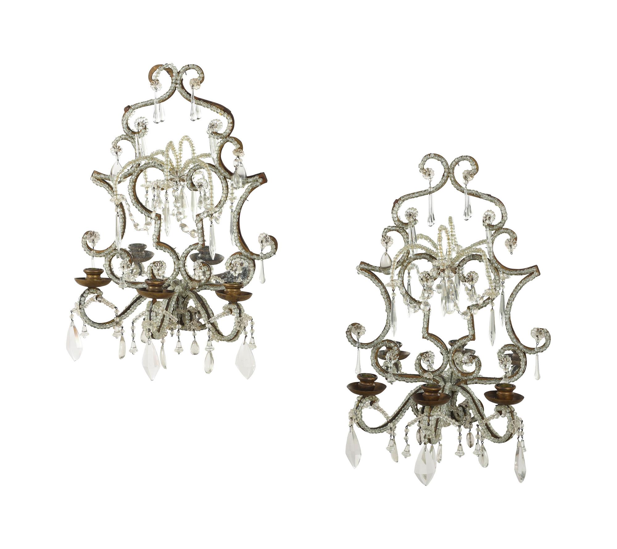 A Pair of Beaded Three-Light Girandole Mirrors