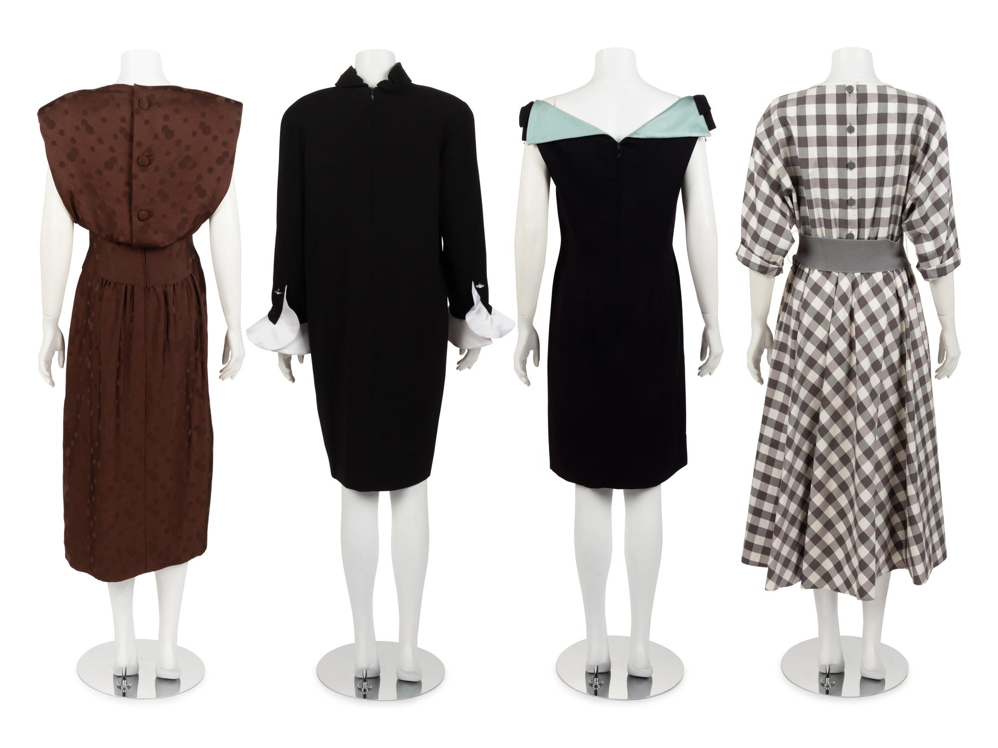 Collection of Four Designer Dresses: One Scaasi Two-Piece Ensemble, One Bill Blass, One Louis Feraud, and One Jo Copeland, 1970s