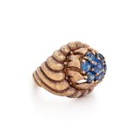 YELLOW GOLD, SAPPHIRE, AND SYNTHETIC SAPPHIRE RING