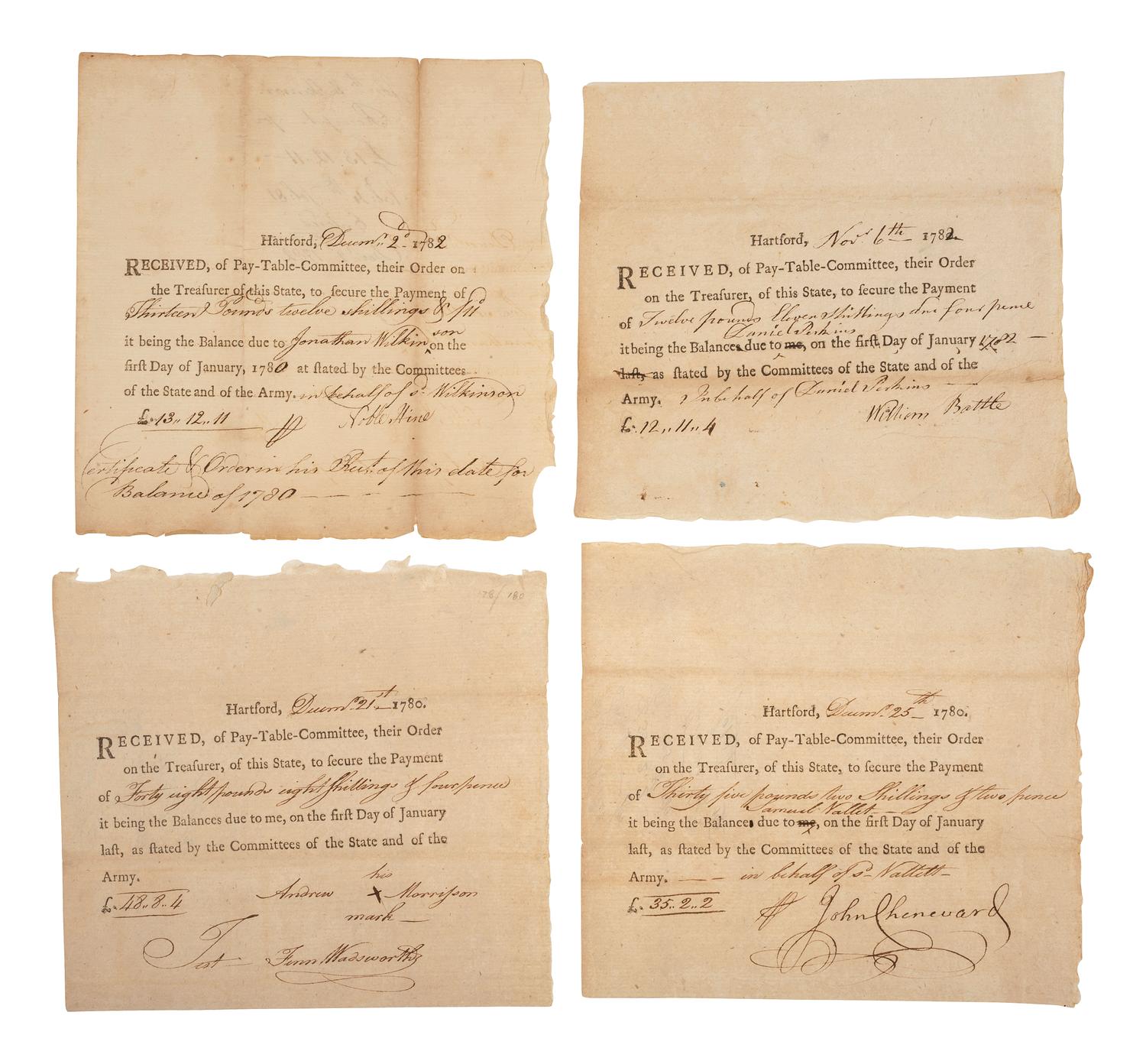 [REVOLUTIONARY WAR]. 8 Connecticut notes, incl. soldiers' pay documents and other receipts, 1780-82.