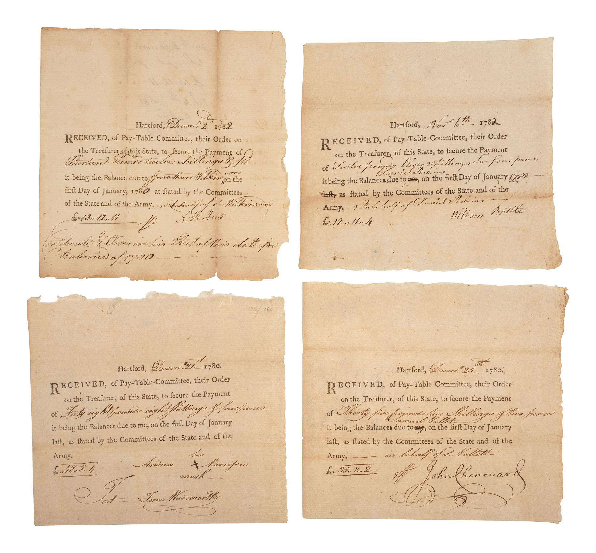 [REVOLUTIONARY WAR]. 8 Connecticut notes, incl. soldiers' pay documents and other receipts, 1780-82.