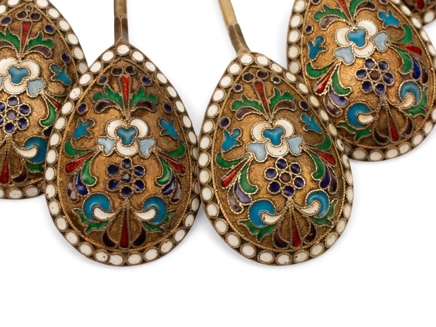 A Cased Set of Six Enameled Silver Spoons