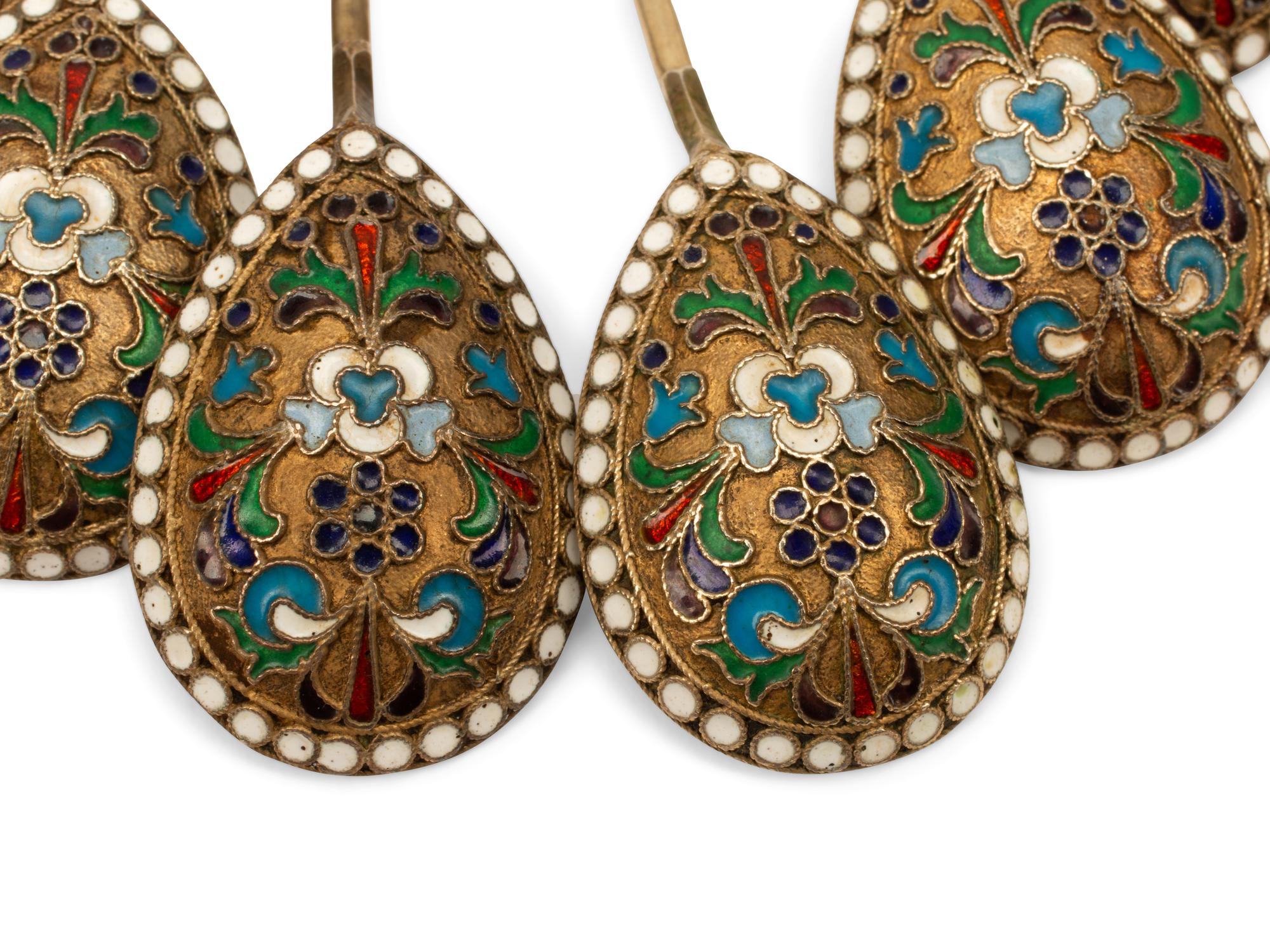 A Cased Set of Six Enameled Silver Spoons