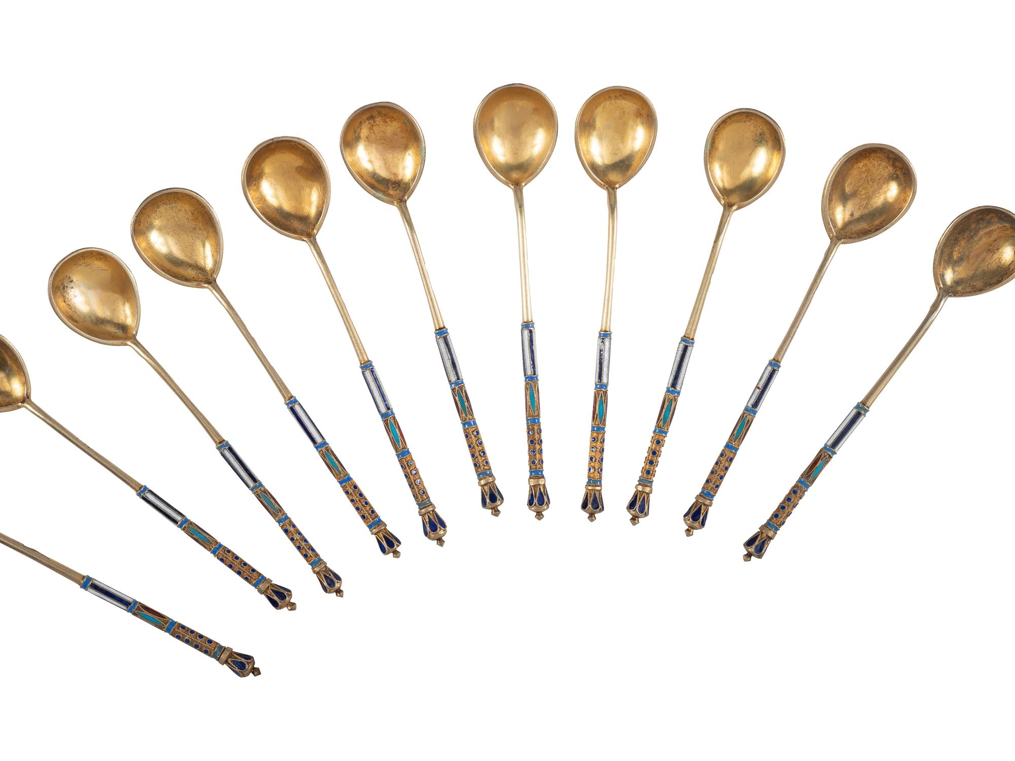 Sixteen Russian Silver and Enamel Spoons