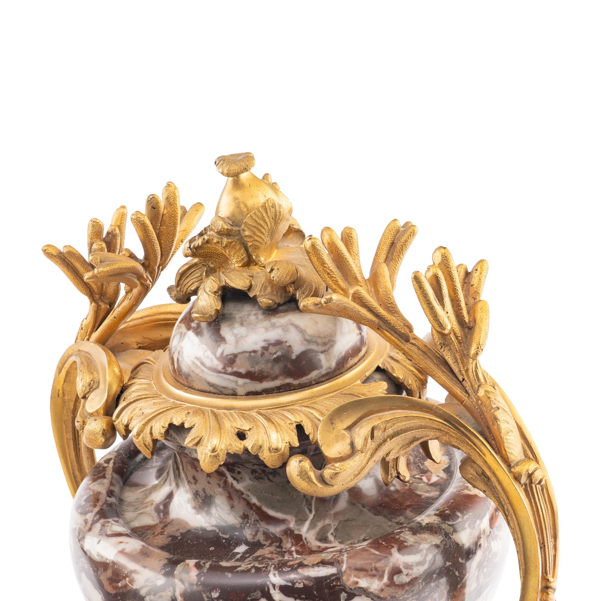 A Pair of French Gilt Bronze Mounted Marble Urns